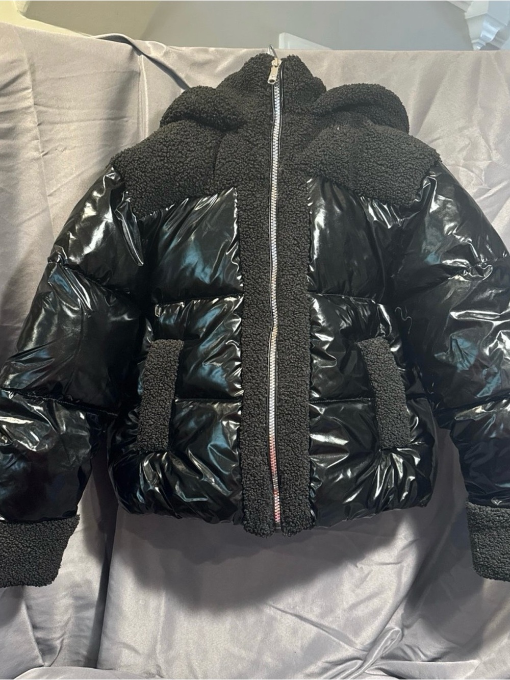 Sam Edelman Black Glossy Puffer with Sherpa Trim